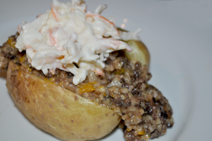 Slow Cooked Haggis with Butternut Squash and Baked Potatoes